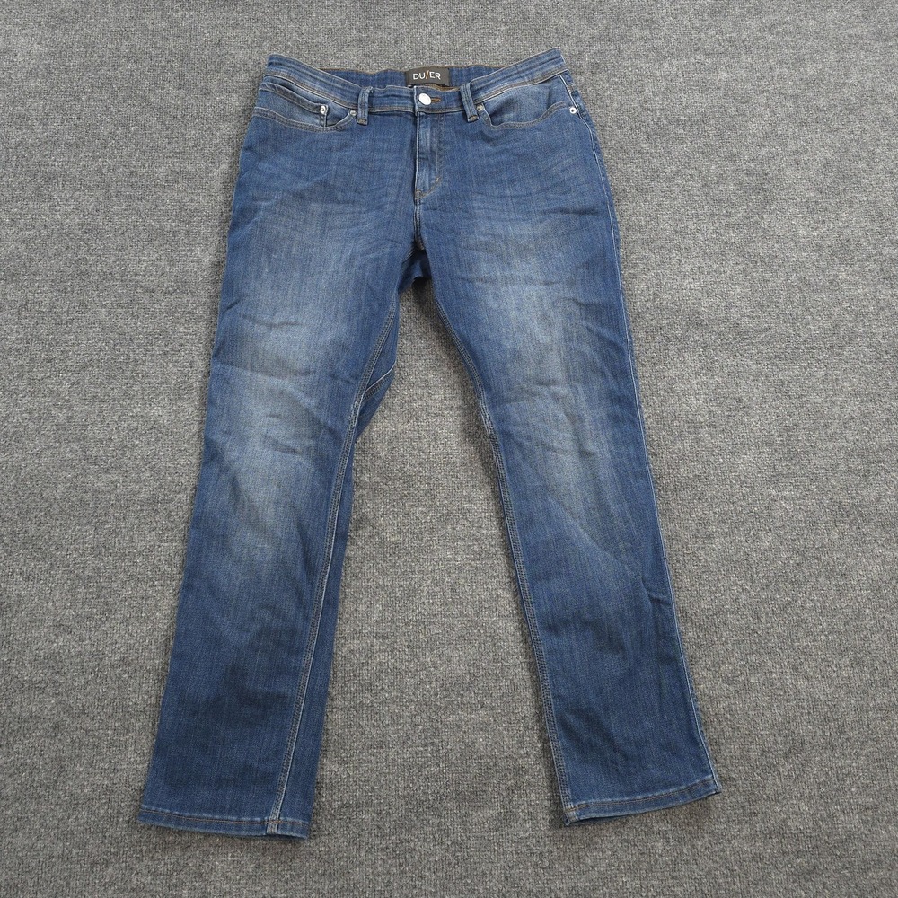DUER Jeans Mens 34x31 Blue L2X Relaxed Taper Medium Wash Stretch Denim Casual